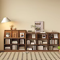 Wooden Bookcase with Multiple Shelves Books Photos Floor Lamp and Potted Plant in Living Room