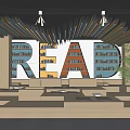 Book Art Inspired Library Interior With Giant READ Letters Bookshelves Reading Nooks And Green Plants
