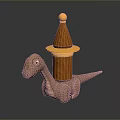 Toy Dinosaur Figure With Wooden Cone Structure And Yellow Ball Top