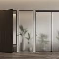 Wooden Swing Door In Modern Interior With Vertical Striped Glass Partition And Indoor Plants