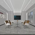 Modern Conference Room With White Long Table Orange White Chairs Large Screen And Display Boards