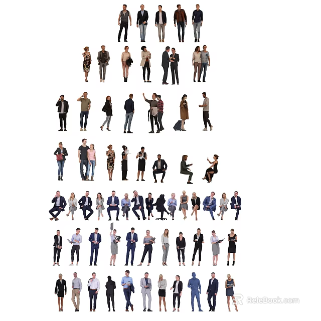 Large Group of People in Different Poses and Various Outfits Standing Sitting Talking 3d model 