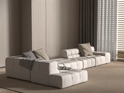 Modern Light Colored Sectional Sofa With Throw Pillows On Neutral Carpet In Contemporary Living Room 3d model