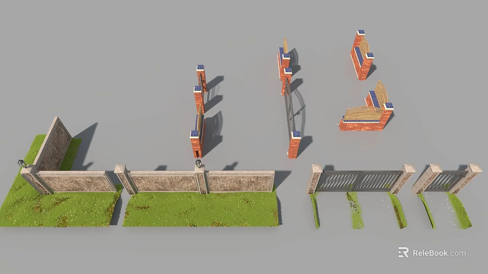 Brick Fence with Gate and Pillars on Grass Different Designs 3d model 
