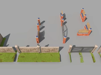 Brick Fence with Gate and Pillars on Grass Different Designs 3d model
