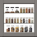 Neatly Arranged Dried Food Ingredients in Glass Jars on Three Tiered Shelves
