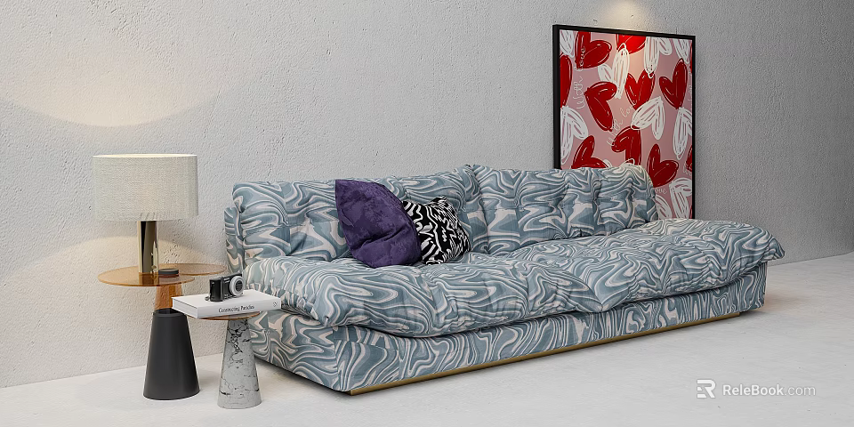 Wavy Blue Gray Two Seater Sofa With Purple Black White Pillows Red Art Gray Wall 3d model 