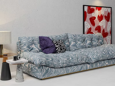 Wavy Blue Gray Two Seater Sofa With Purple Black White Pillows Red Art Gray Wall 3d model