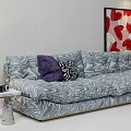 Wavy Blue Gray Two Seater Sofa With Purple Black White Pillows Red Art Gray Wall