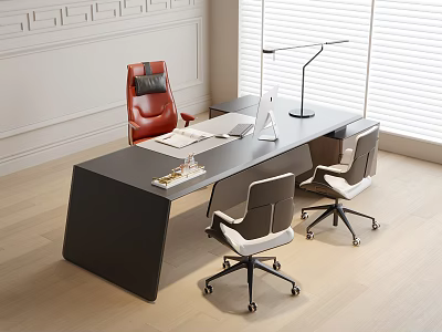 Black Office Desk With Laptop Desk Lamp Papers And Red Leather Gray Rolling Office Chairs 3d model