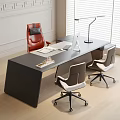 Black Office Desk With Laptop Desk Lamp Papers And Red Leather Gray Rolling Office Chairs