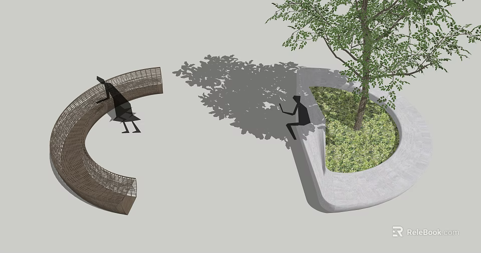 Curved Outdoor Chairs With Tree Shade In Garden Seating Area 3d model 