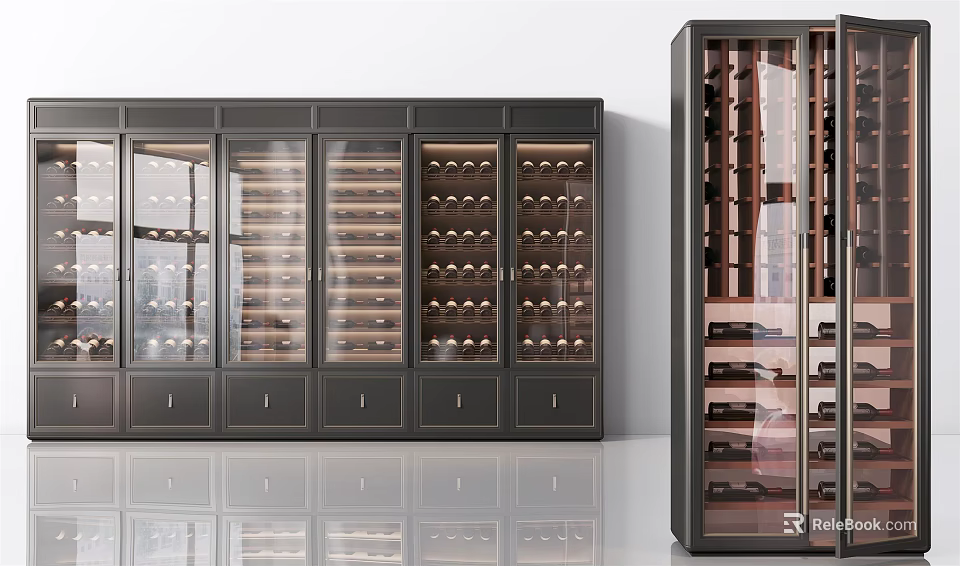 Elegant Modern Wine Cabinet Design With Glass Doors And Wooden Wine Racks 3d model 