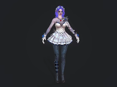 Game Movie Character With Purple Hair White Dress Lace Details Arm Decorations And Patterned Stockings 3d model