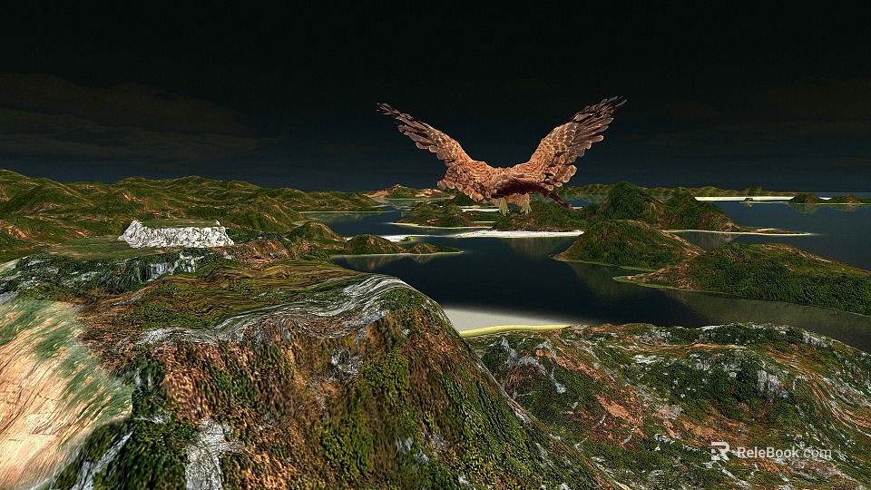 Breathtaking Scenic Landscape Featuring Lush Green Mountains Tranquil Lake and Flying Eagle 3d model 