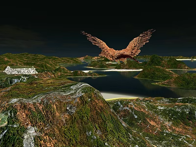 Breathtaking Scenic Landscape Featuring Lush Green Mountains Tranquil Lake and Flying Eagle 3d model
