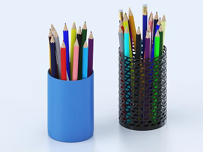 Vibrant Colored Pencils In Two Pencil Holders Blue Container And Black Perforated Design 3d model