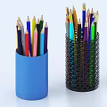 Vibrant Colored Pencils In Two Pencil Holders Blue Container And Black Perforated Design