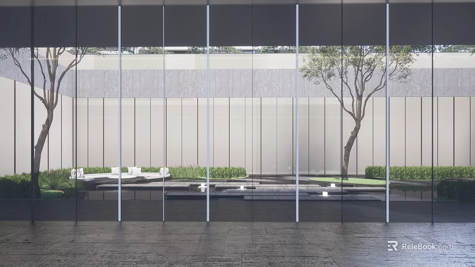 Modern Garden Landscape View Through Glass Walls With Tree Lawn And Stone Pavement 3d model 