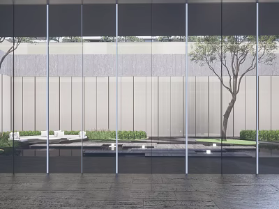 Modern Garden Landscape View Through Glass Walls With Tree Lawn And Stone Pavement 3d model