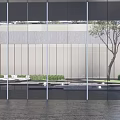 Modern Garden Landscape View Through Glass Walls With Tree Lawn And Stone Pavement
