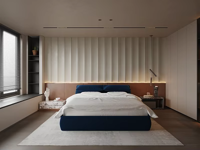 Modern Bedroom Interior With Navy Bed White Bedding Vertical Panel Wall And Window Blinds 3d model