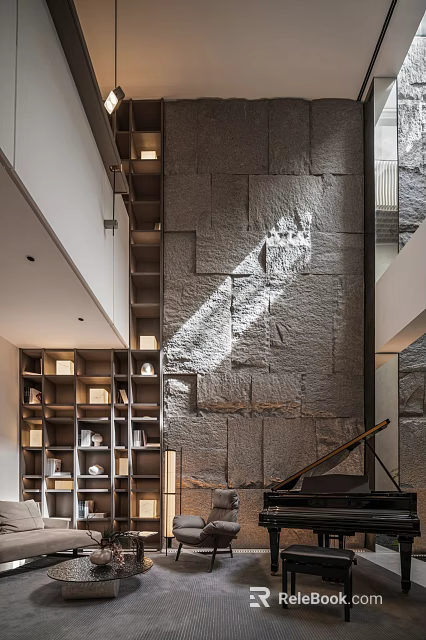 Duplex Living Room Interior with Stone Wall Bookshelves Staircase and Sunlight Shadow 3d model 