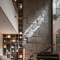 Duplex Living Room Interior with Stone Wall Bookshelves Staircase and Sunlight Shadow