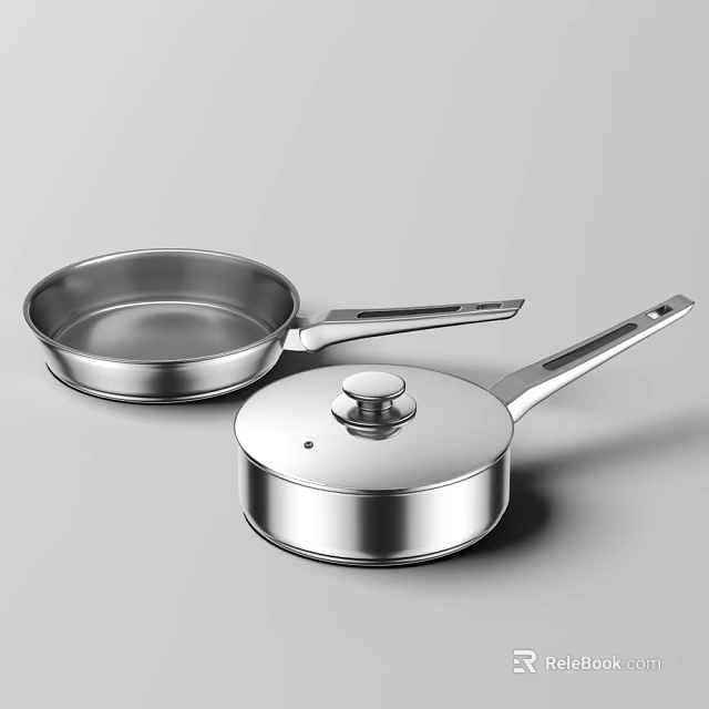 Stainless Steel Cookware Set Featuring Frying Pan And Lidded Saucepan 3d model 