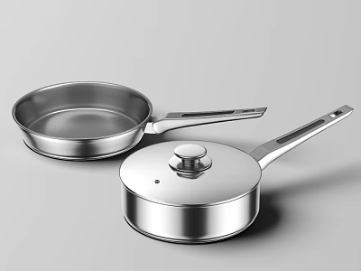 Stainless Steel Cookware Set Featuring Frying Pan And Lidded Saucepan 3d model
