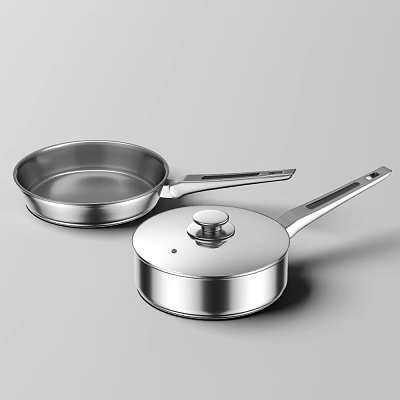 Stainless Steel Cookware Set Featuring Frying Pan And Lidded Saucepan 3d model