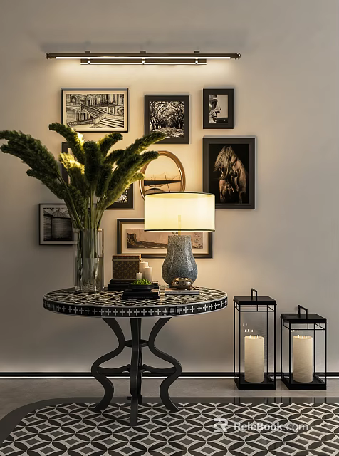 Stylish Decorative Table With Green Plant Vase Lamp And Framed Wall Art 3d model 