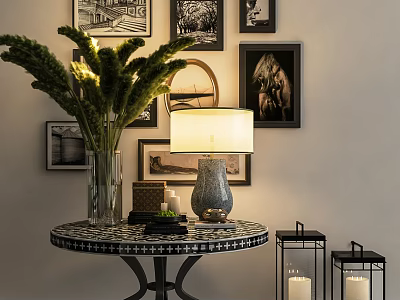 Stylish Decorative Table With Green Plant Vase Lamp And Framed Wall Art 3d model