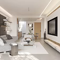 Modern Minimalist Living And Dining Room With Comfortable Grey Sofa And Exquisite Marble Coffee Table