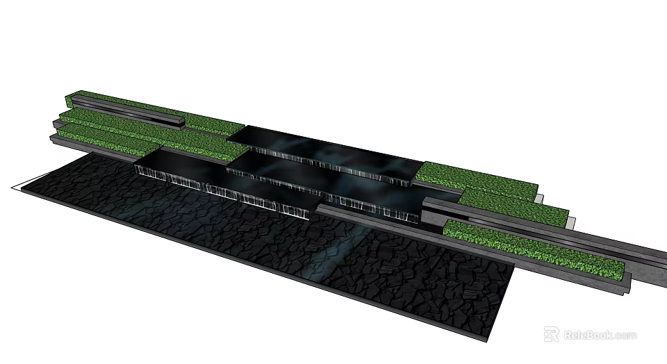 Modern Garden Feature Design With Green Plant Strips And Black Paving Structures 3d model 