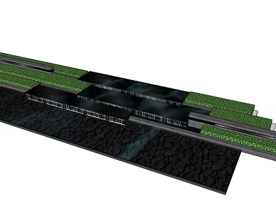 Modern Garden Feature Design With Green Plant Strips And Black Paving Structures 3d model