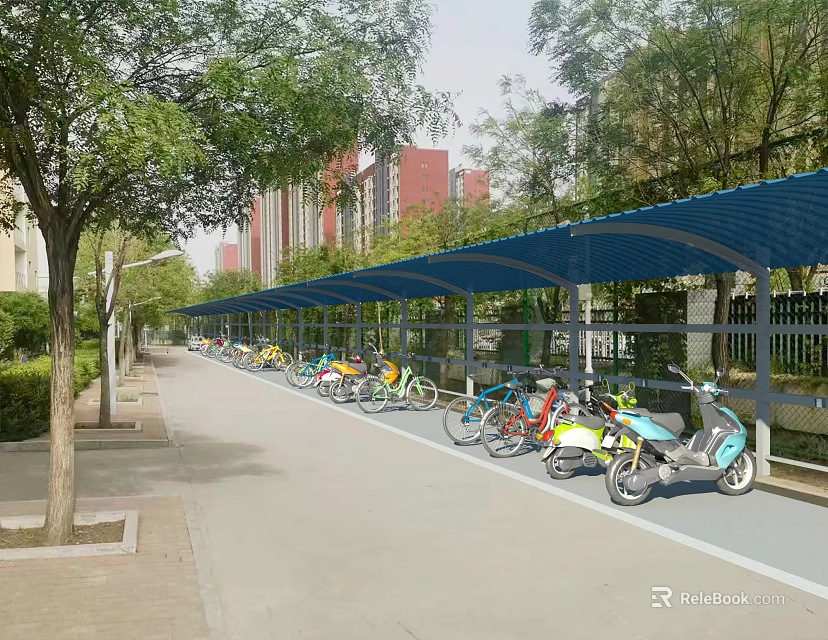 Outdoor Bicycle and Scooter Parking Shelter with Trees and Buildings in Urban Area 3d model 