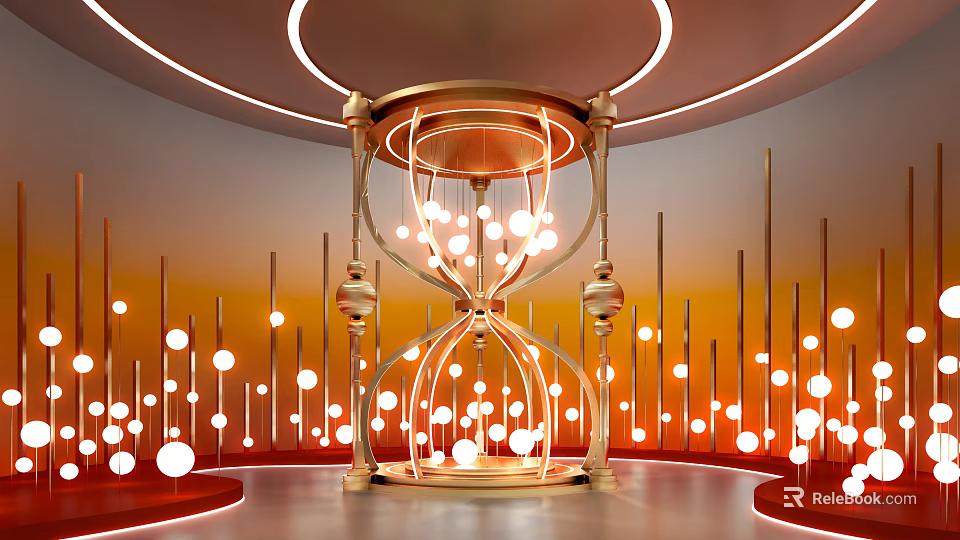 Golden Hourglass With Glowing Orbs And Circular Lights In Orange Red Gradient Interior 3d model 