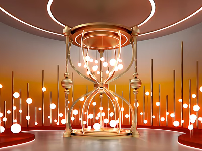 Golden Hourglass With Glowing Orbs And Circular Lights In Orange Red Gradient Interior 3d model