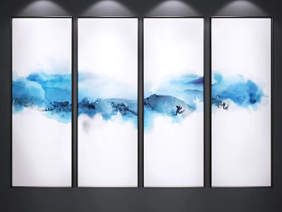 Four Panel Blue And White Ink Paintings With Mountain Water And Birds 3d model