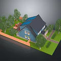 Blue Detached House With Black Roof Solar Panels Green Lawn And Trees