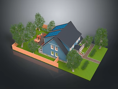 Blue Detached House With Black Roof Solar Panels Green Lawn And Trees 3d model