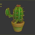 Green Spiky Cactus With Red Flower In Decorative Green And Orange Pot