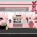 Pink DUDU Dessert Shop Exterior Featuring Decorative Doll Outdoor Tables Chairs And Menu Board