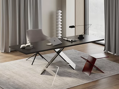 Modern Desk and Chair Set with Metal Frame in Study Room with Laptop and Books 3d model
