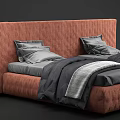 Modern Single Bed Design With Tufted Orange Headboard And Gray Striped Bedding 3d model