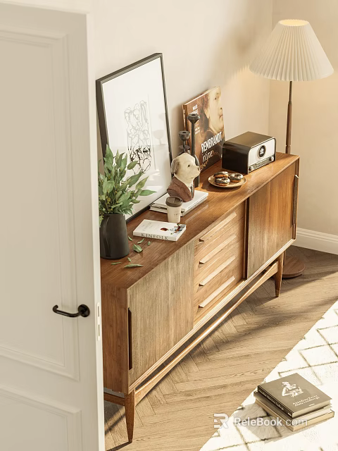 Modern Wooden Decorative Cabinet With Potted Plant Framed Art Radio Tray And Notebook 3d model 