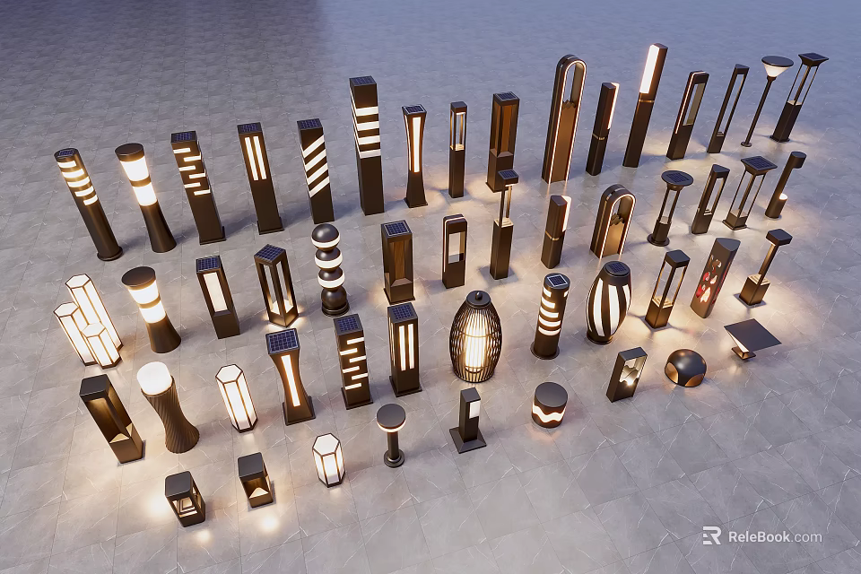 Outdoor Lights Various Styles Column Round Base Black White Illuminated Modern Design 3d model 