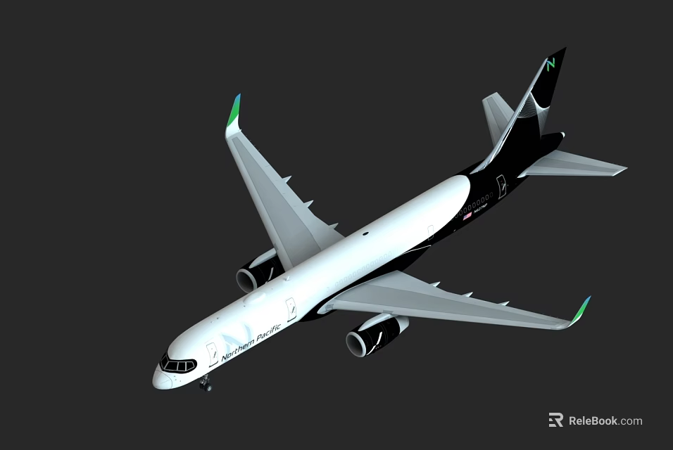Modern Passenger Aircraft With White Fuselage Black Tail Green Wingtips SAT Logo And Twin Engines 3d model 