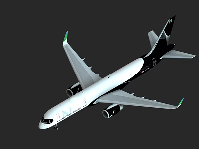 Modern Passenger Aircraft With White Fuselage Black Tail Green Wingtips SAT Logo And Twin Engines 3d model